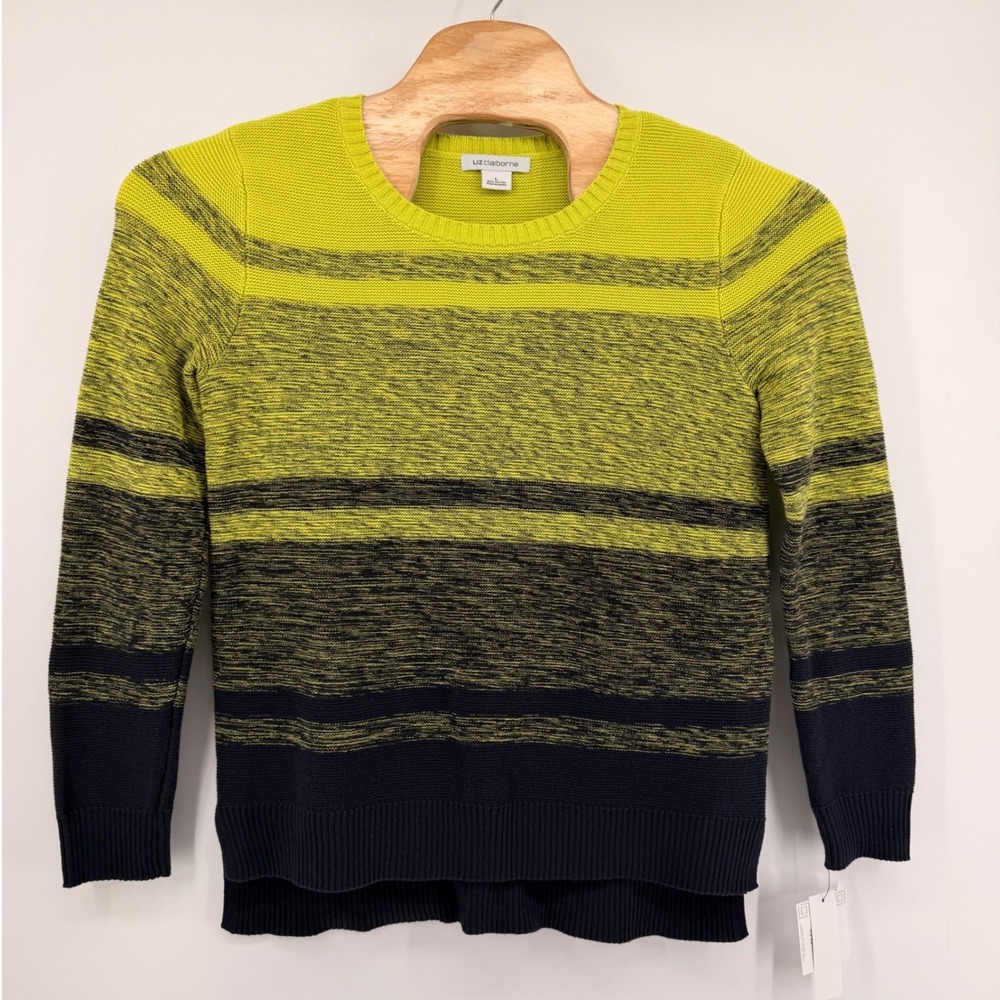 Liz Claiborne Sweater Women's Large yellow black Marled Striped Cotton crew neck